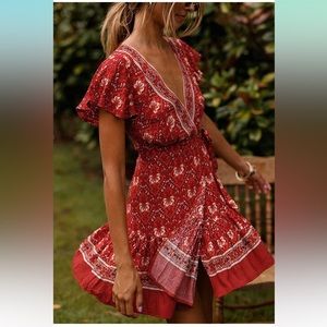 Red Boho Wrap Dress